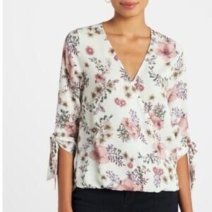 West Kei Surplice V-Neck Tie Sleeve Blouse White Floral NWOT Size S